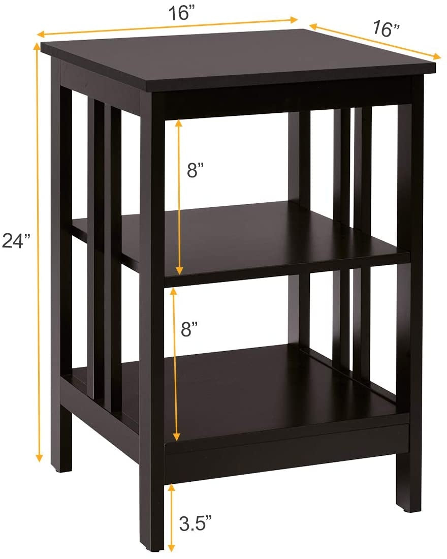 3-tier dark brown nightstand with open compartments, waterproof finish, perfect for living room or bedroom storage.