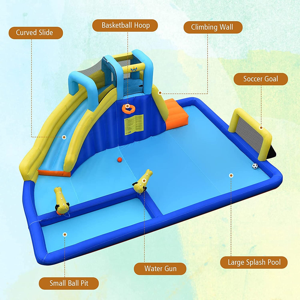 6-in-1 inflatable water slide featuring a climbing wall, basketball hoop, and large splash pool for outdoor fun.
