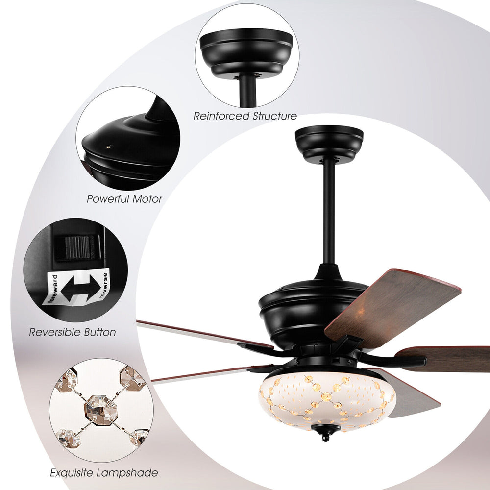 52-inch black ceiling fan with 5 reversible blades, remote control, and 3 wind speeds for versatile home decor.