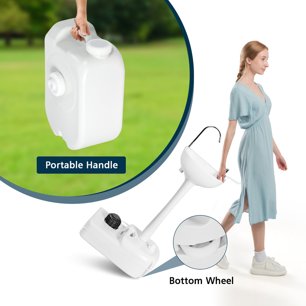 Camping hand wash station with 4.5-gallon tank, portable handle, and bottom wheel for easy transport and hygiene use.