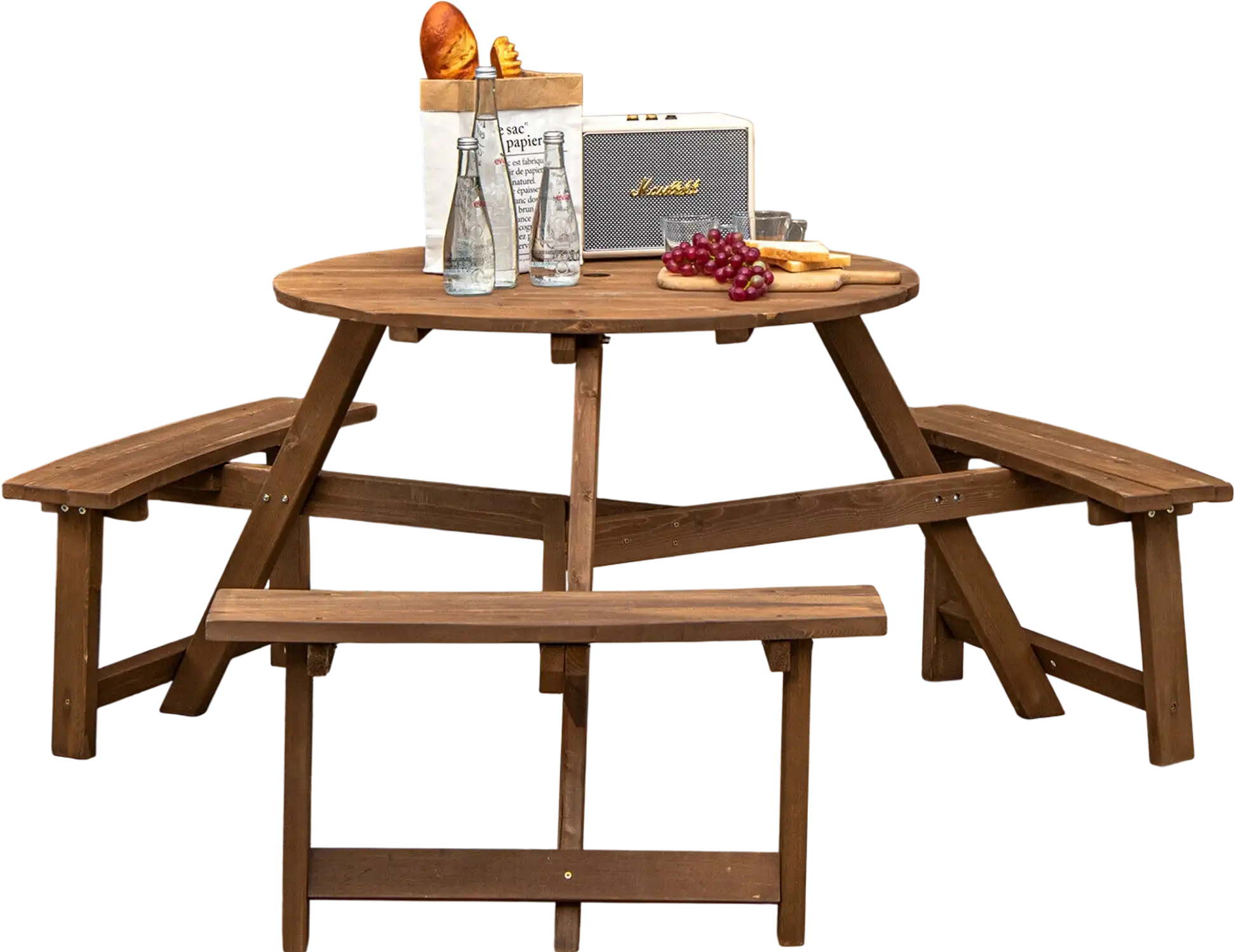 Costway 6-Person Round Wooden Picnic Table w/ Umbrella Hole & 3 Built-In Benches Dark Brown 41895270 New