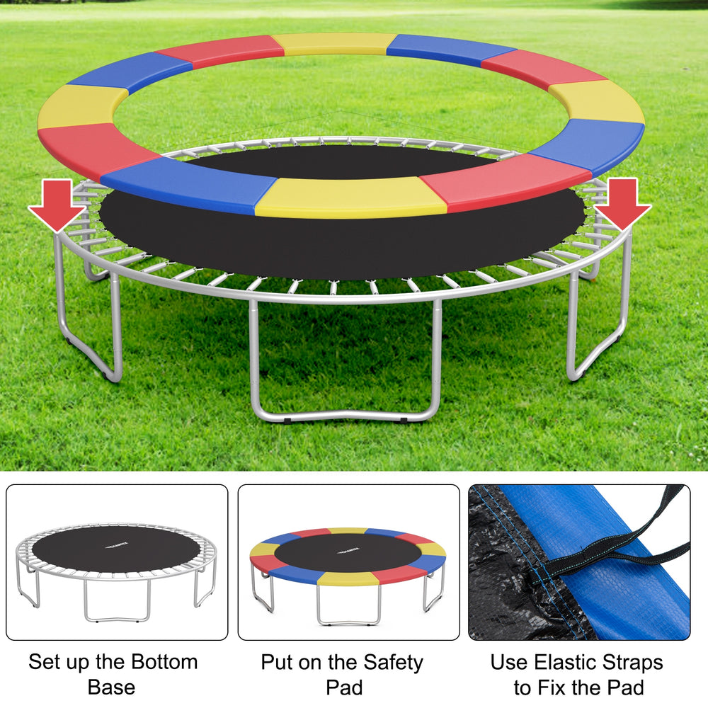Multicolor 8 feet trampoline safety cover with thick EPE foam, waterproof PVC, and easy elastic strap attachment.