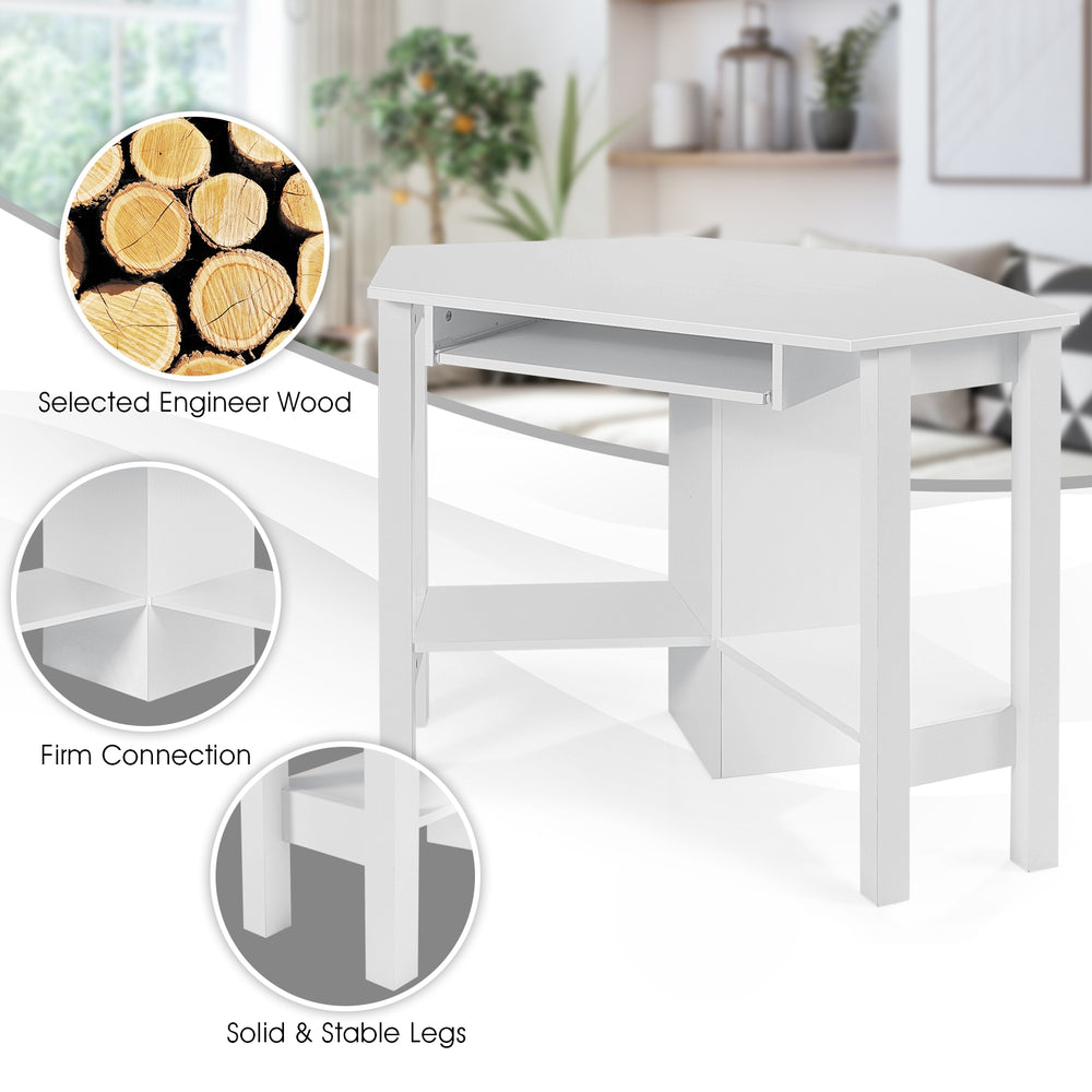 White wooden study computer corner desk with large drawer and two shelves, perfect for maximizing limited space.