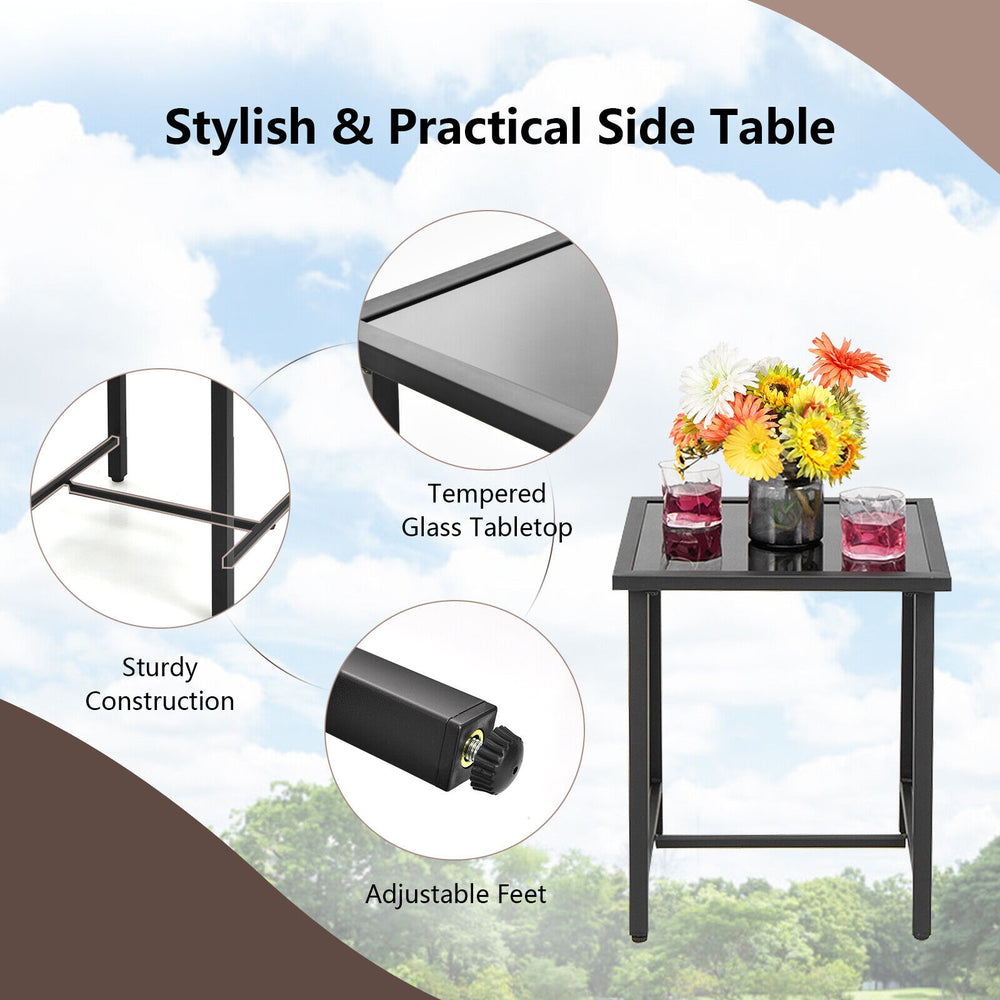 Stylish side table with tempered glass top and adjustable feet, perfect for the 3-piece patio rattan rocking furniture.