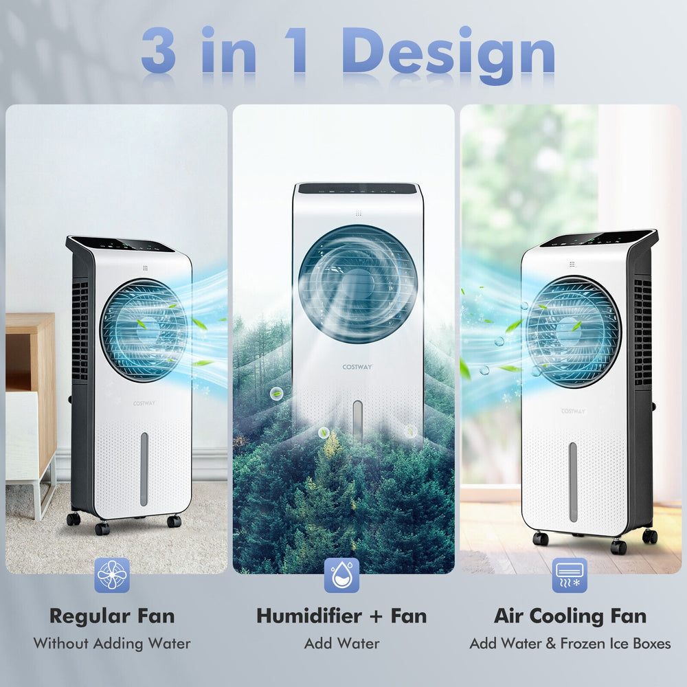 3-in-1 evaporative air cooler in white, featuring 360° rotating fan blades and 1.3-gallon water tank for customizable.