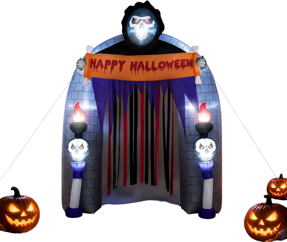 8.5 ft Halloween Haunted Reaper Archway with LED lights creates a spooky entrance for outdoor decorations and parties.
