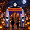 The 8.5 ft Halloween Haunted Reaper Archway features LED lights and a flowing curtain, perfect for spooky outdoor displays.