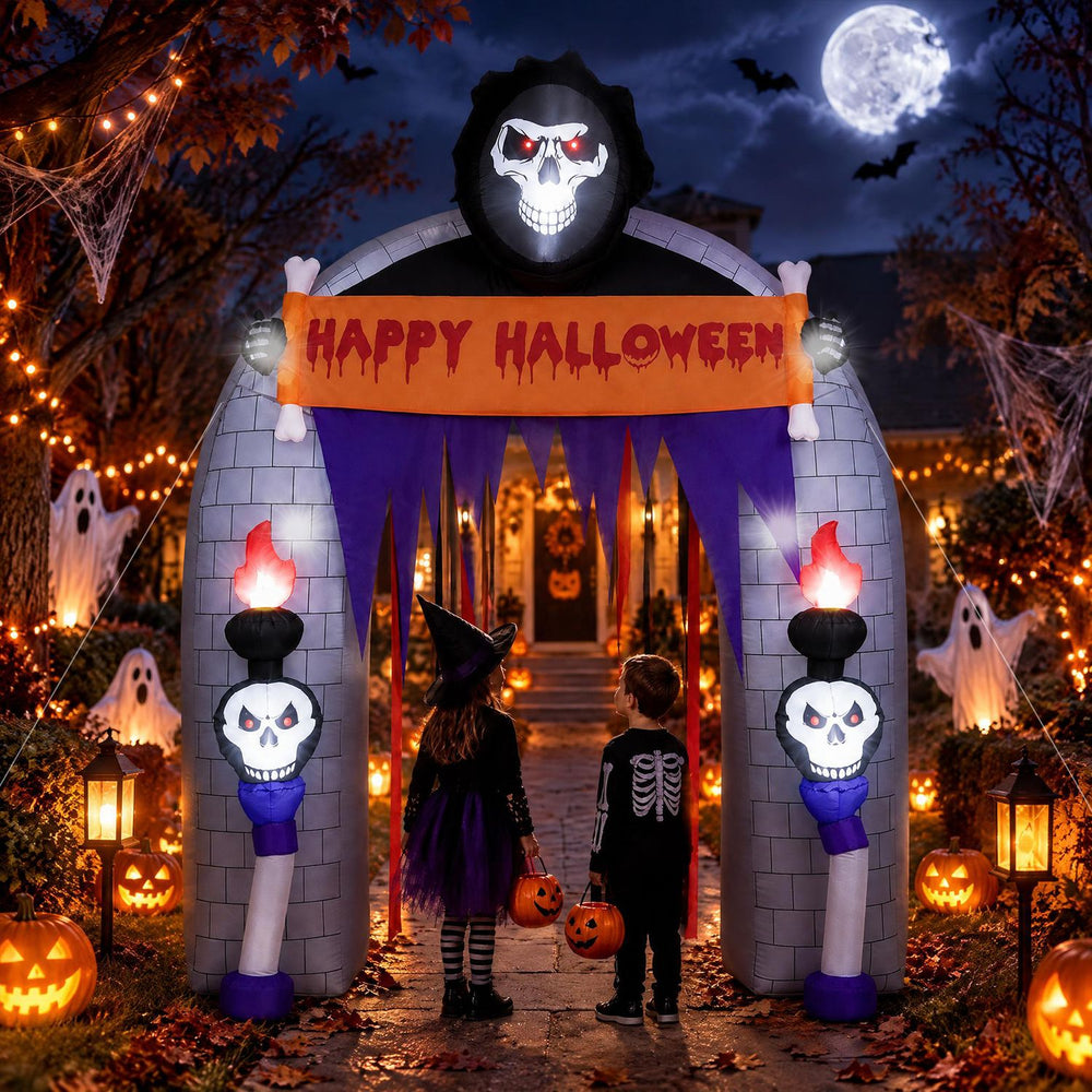 The 8.5 ft Halloween Haunted Reaper Archway features LED lights and a flowing curtain, perfect for spooky outdoor displays.