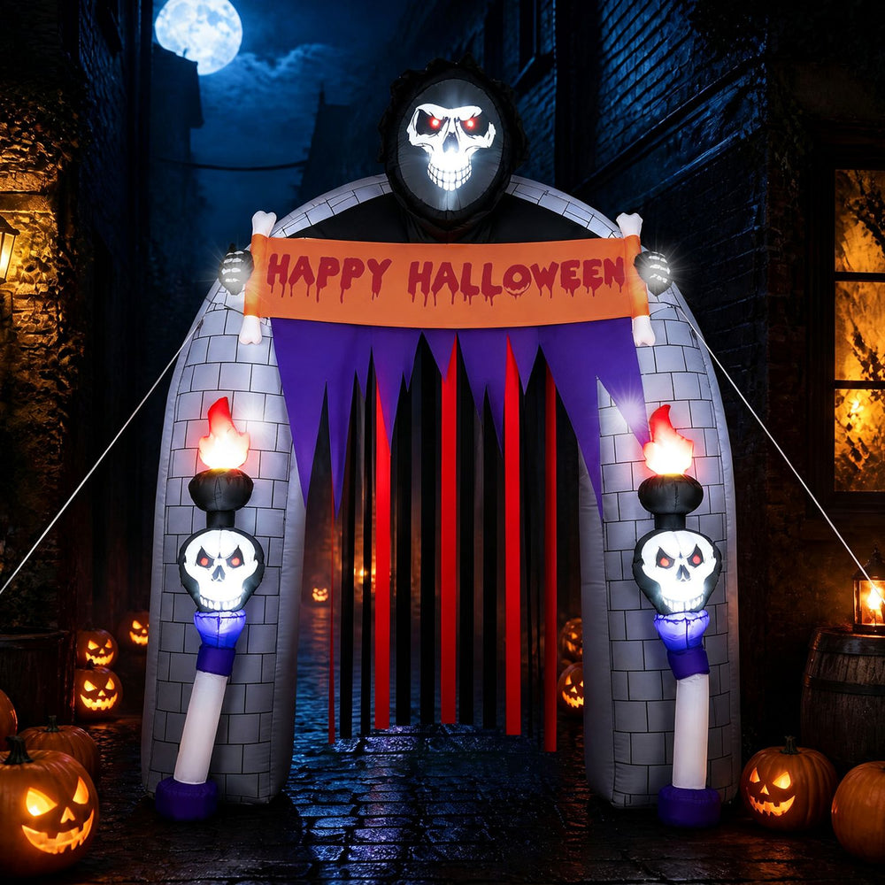8.5 ft Halloween Haunted Reaper Archway features LED lights and a flowing curtain, perfect for spooky outdoor decorations.