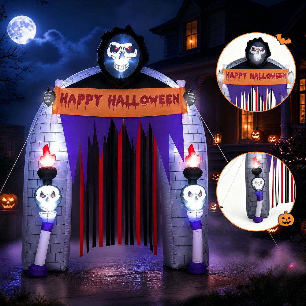 8.5 ft Halloween Haunted Reaper Archway features LED lights and a flowing curtain, perfect for outdoor spooky decorations.