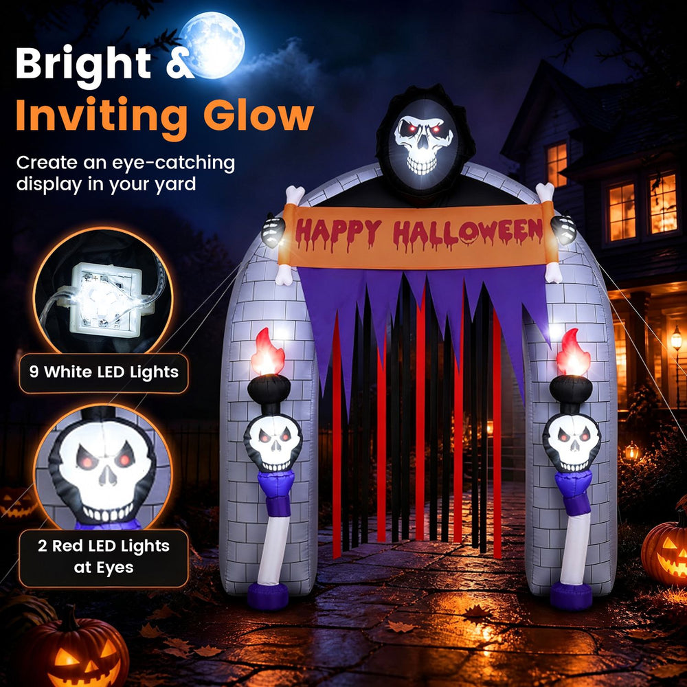 8.5 ft Halloween Haunted Reaper Archway with 9 white LED lights and 2 red LED lights for a spooky yard display.
