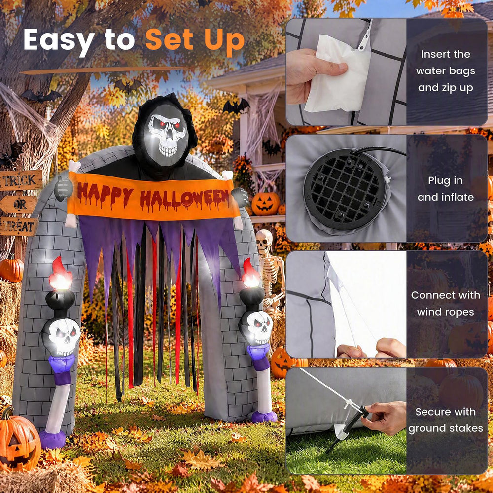 8.5 ft Halloween Haunted Reaper Archway with LED lights, flowing curtain, and durable polyester for outdoor decorations.
