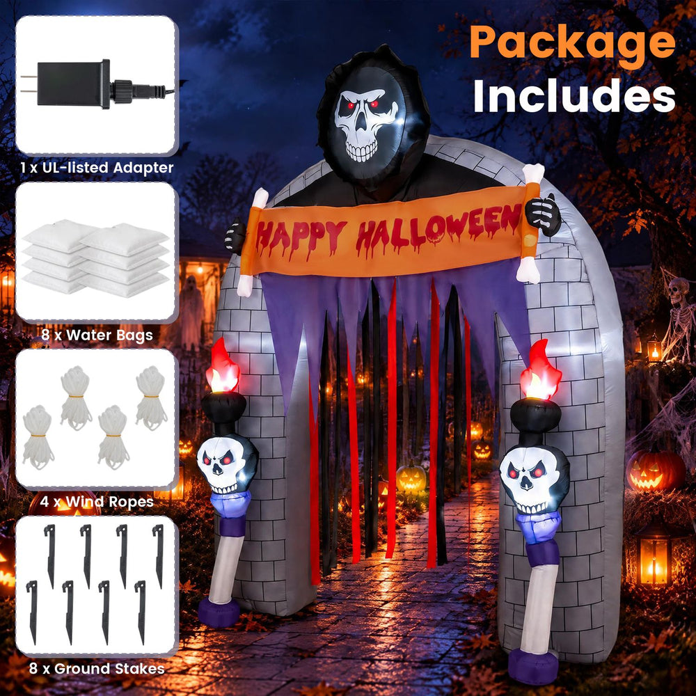 8.5 ft Halloween Haunted Reaper Archway with flowing curtains and LED lights, perfect for yard or party entrance decoration.