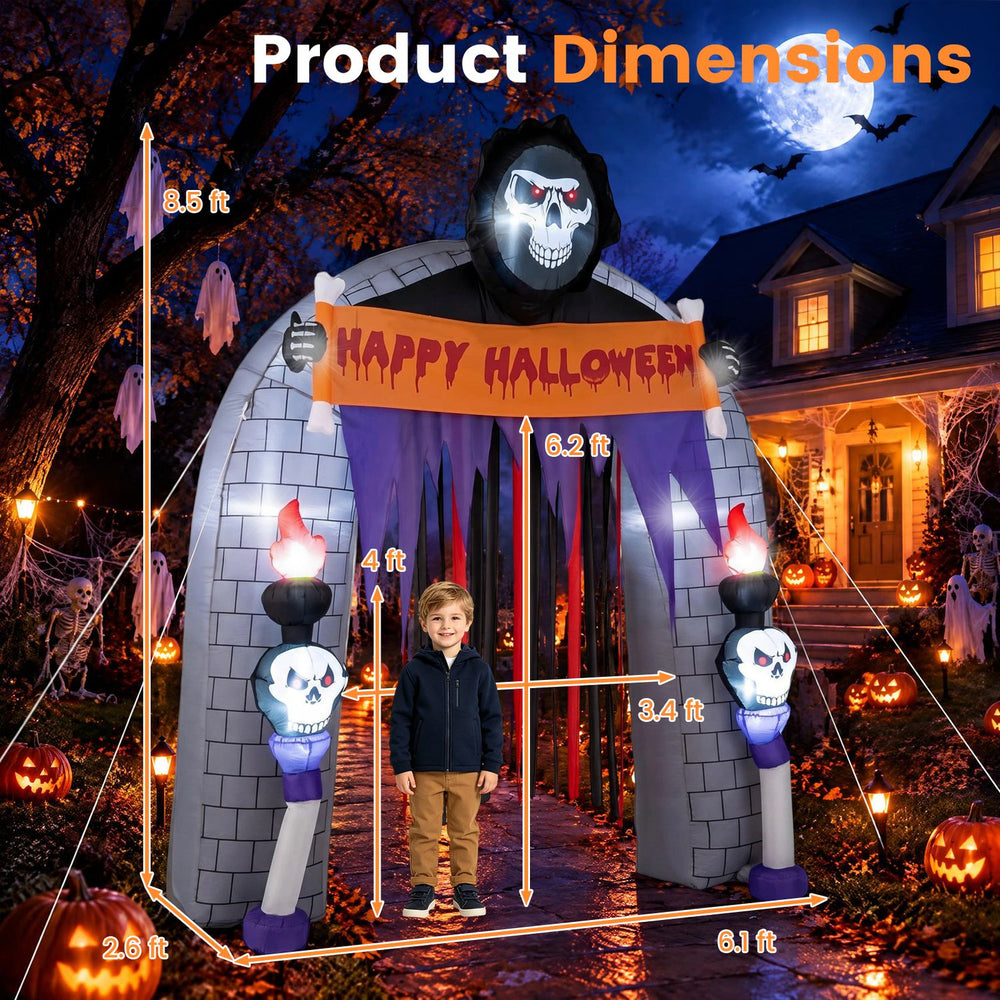 The product dimensions of the 8.5 ft Halloween Haunted Reaper Archway show its impressive height and width for outdoor displays.