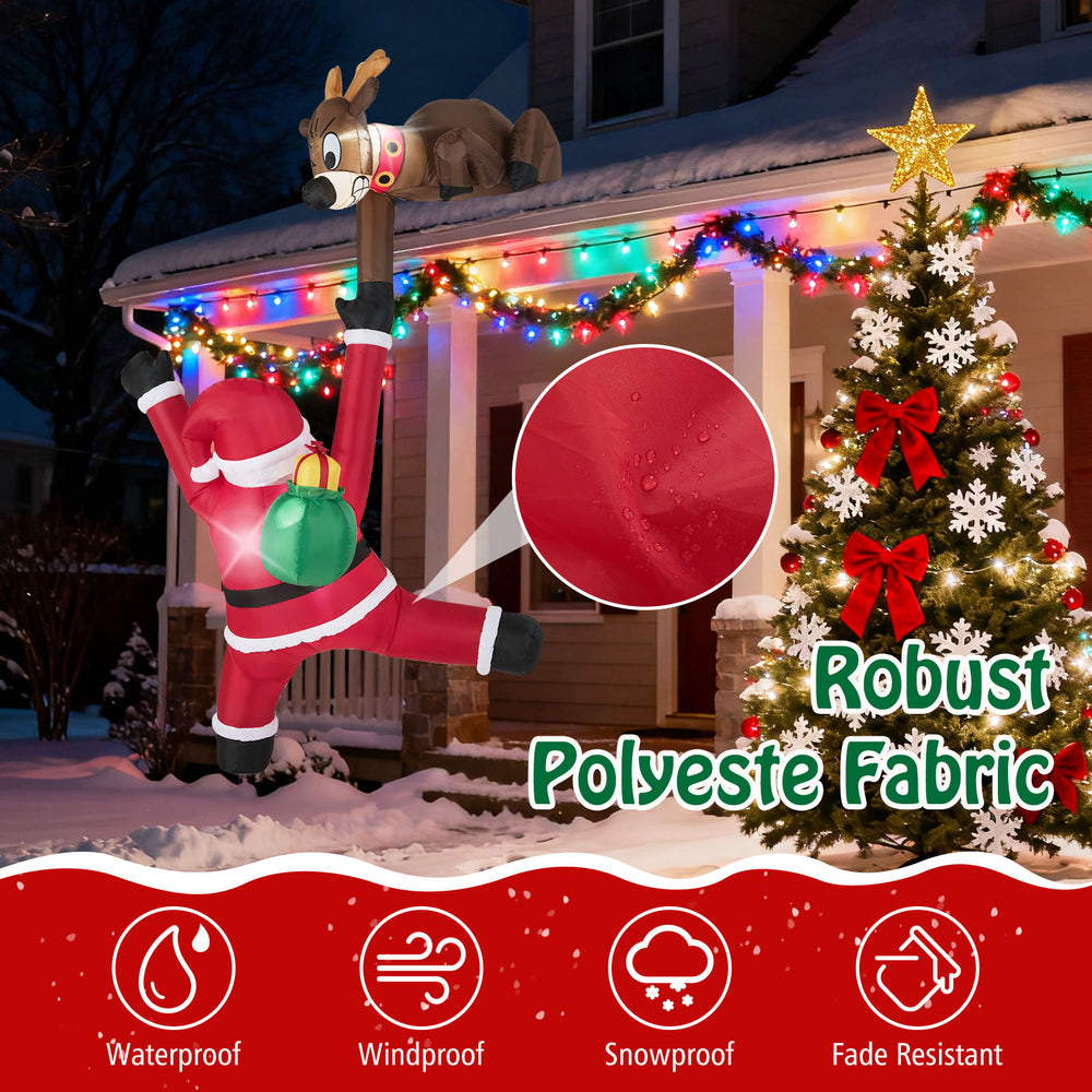 Climbing Santa Claus and reindeer inflatable, 8.5 feet, made of weather-resistant polyester fabric for outdoor display.