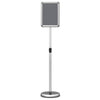 Adjustable 8.5 x 11 inch sign holder stand with snap-open frame, 360° rotation, and heavy-duty base for stability.