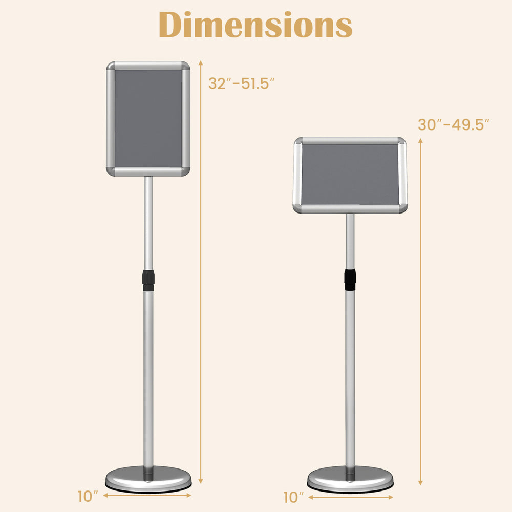 Adjustable 8.5 x 11 inch sign holder stand with a silver aluminum frame and 360° rotation for versatile display options.