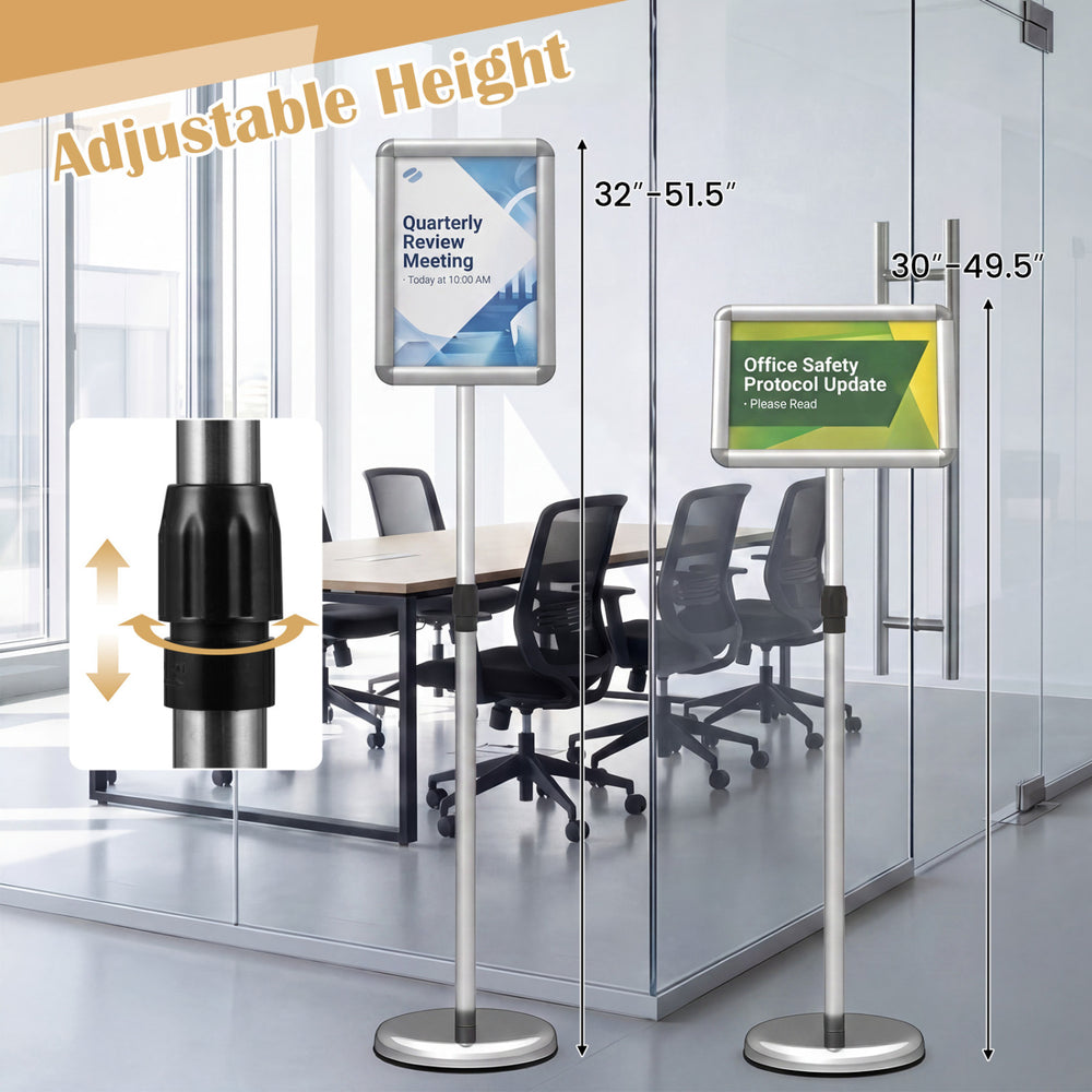 Adjustable height 8.5 x 11 inch sign holder stand with snap-open frame and 360° rotation for versatile display options.