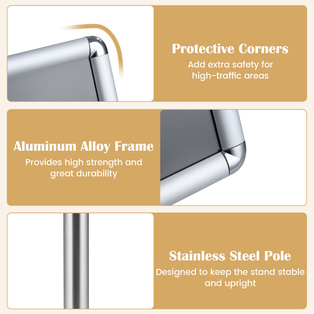 Aluminum alloy frame sign holder stand with protective corners, 360° rotation, and adjustable height for versatile display.