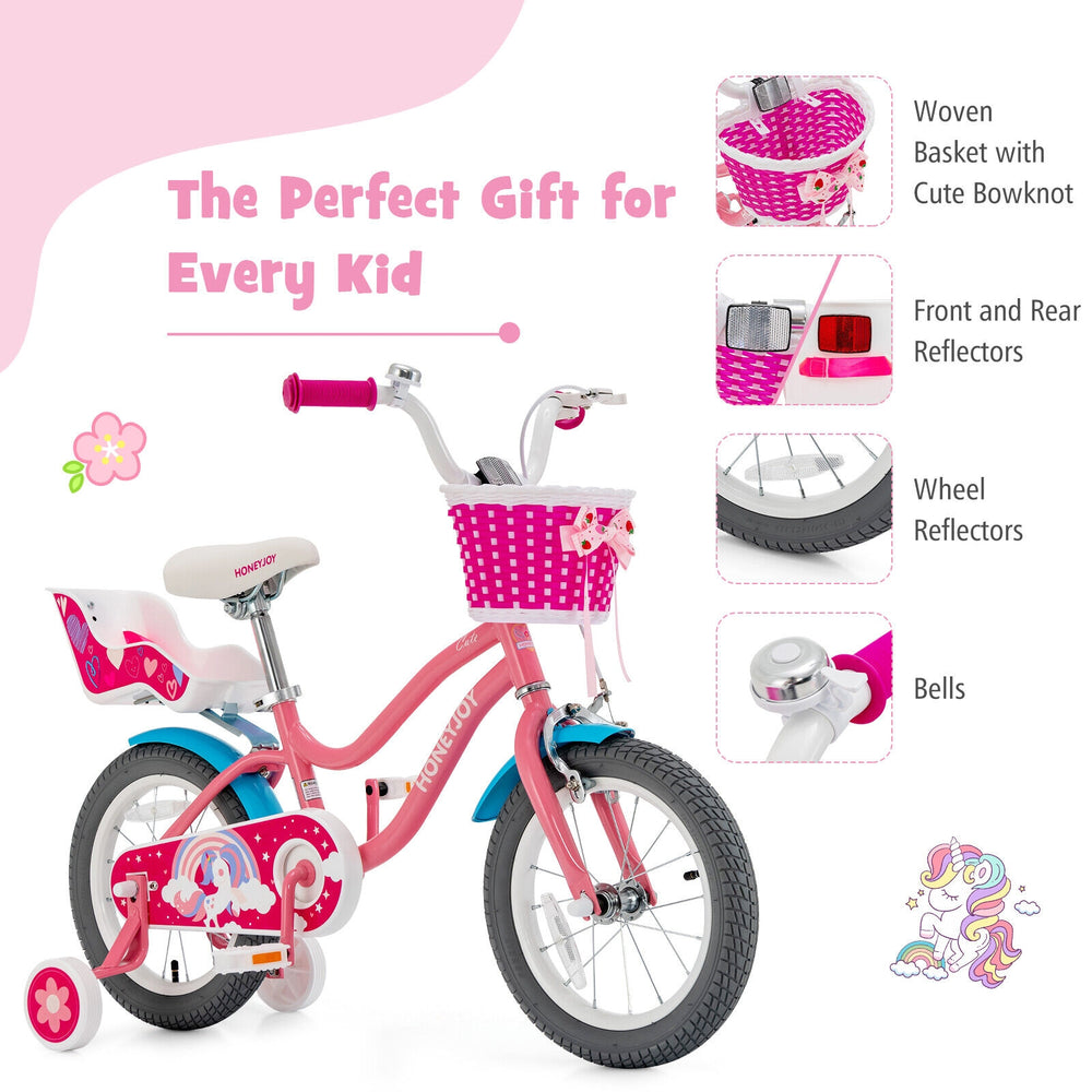 Kids bicycle with training wheels and woven basket, designed for ages 3-9, perfect for outdoor adventures.