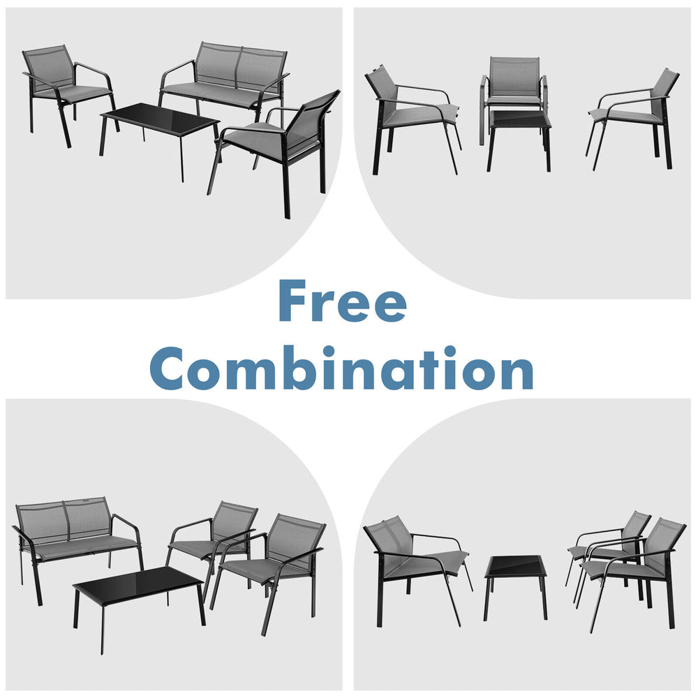 4-piece patio furniture set featuring a loveseat, two chairs, and a glass table in gray, perfect for outdoor relaxation.