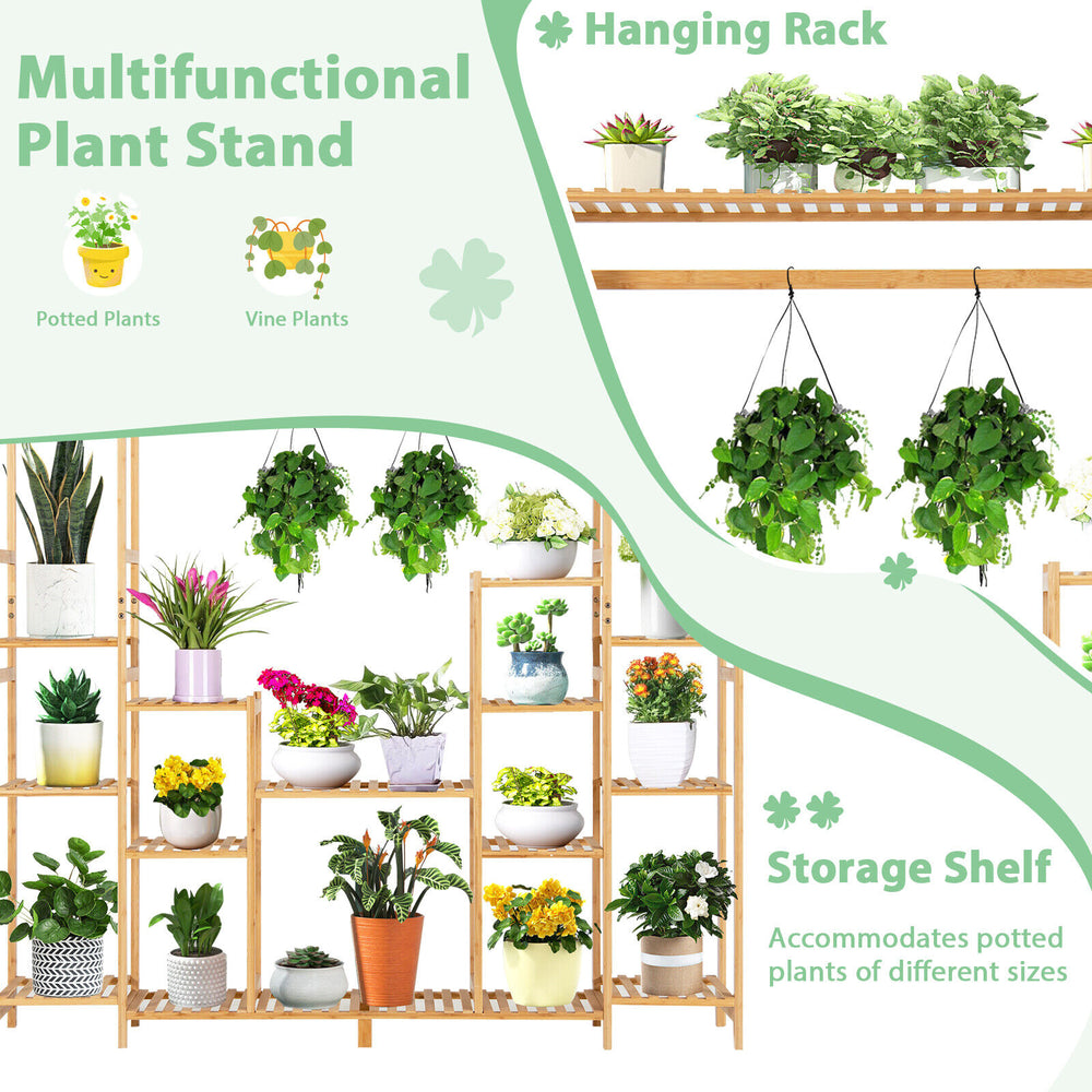 9-tier bamboo plant stand with hanging rack, designed for potted and vine plants, suitable for indoor and outdoor use.