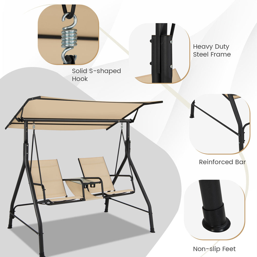 2-seat outdoor cushioned porch swing with adjustable canopy, tempered glass table, and heavy-duty steel frame for.
