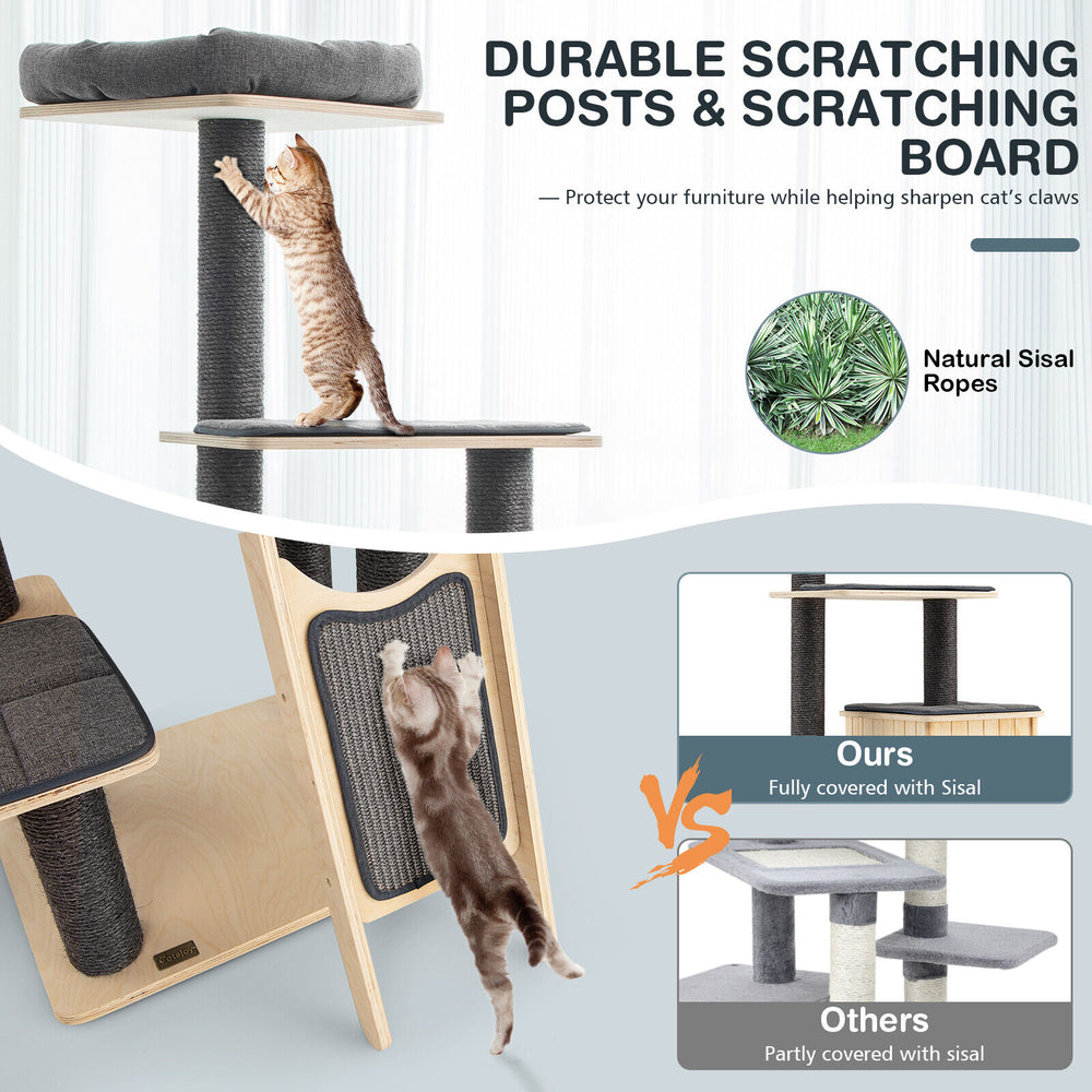 5-tier wooden cat tower with washable gray cushions, featuring scratching posts and platforms for climbing and resting.