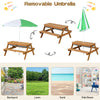 Kids outdoor picnic table with removable green umbrella, featuring water and sand play boxes for backyard fun.