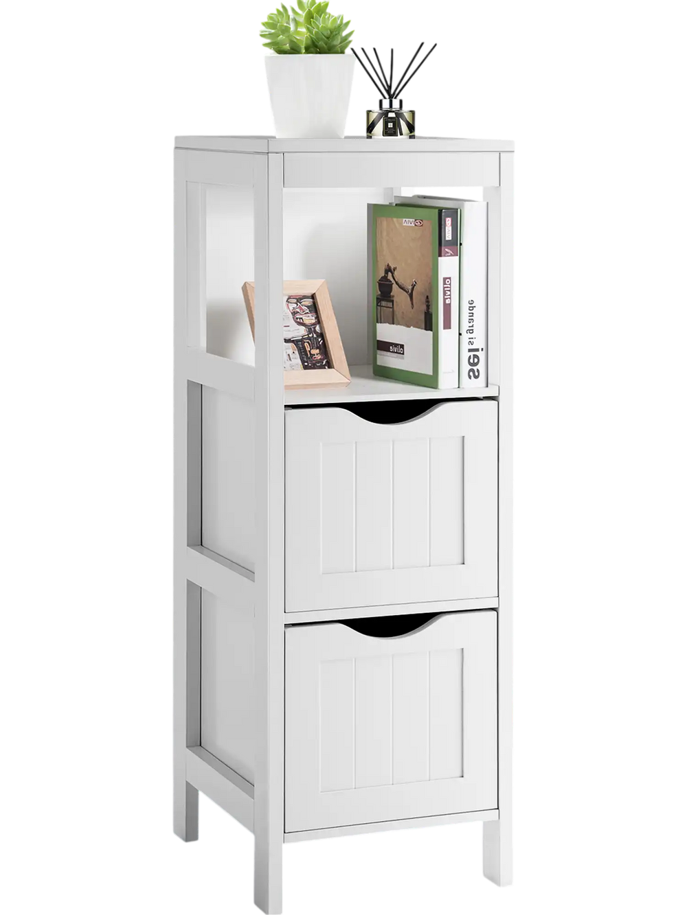 4-tier freestanding white storage cabinet showcasing a smooth top surface and two removable drawers for versatile.