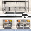 2 Tier adjustable over sink dish drying rack with 4 baskets, 8 hooks, and anti-rust steel for single or double sinks.