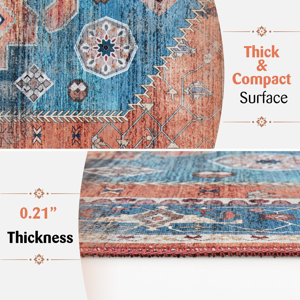 Close-up of the 5 x 7 inch distressed vintage area rug showing its 0.21" thickness and non-shedding, compact surface.