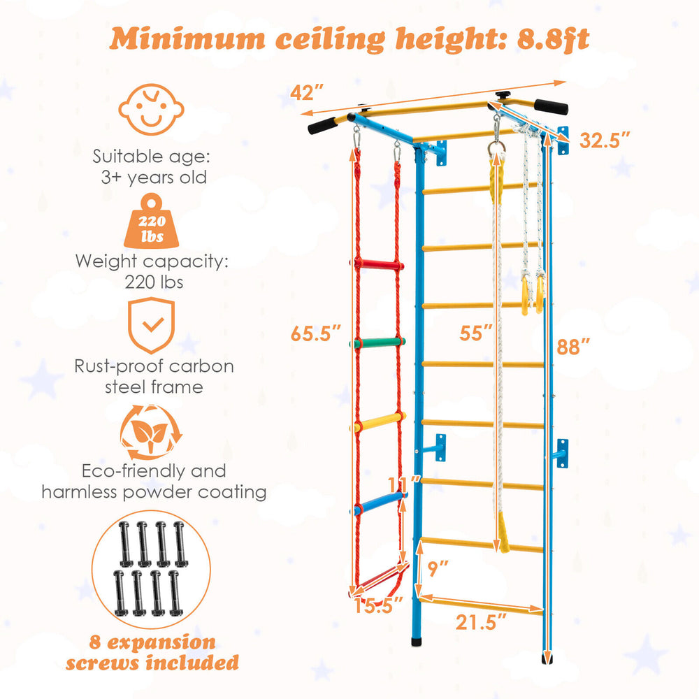 Close-up of the durable pull-up bar with EVA foam covers for grip, part of the 7-in-1 kids indoor gym playground.