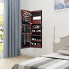 Lockable wall-mounted jewelry cabinet in brown with full-size mirror and LED lights, featuring organized storage for.