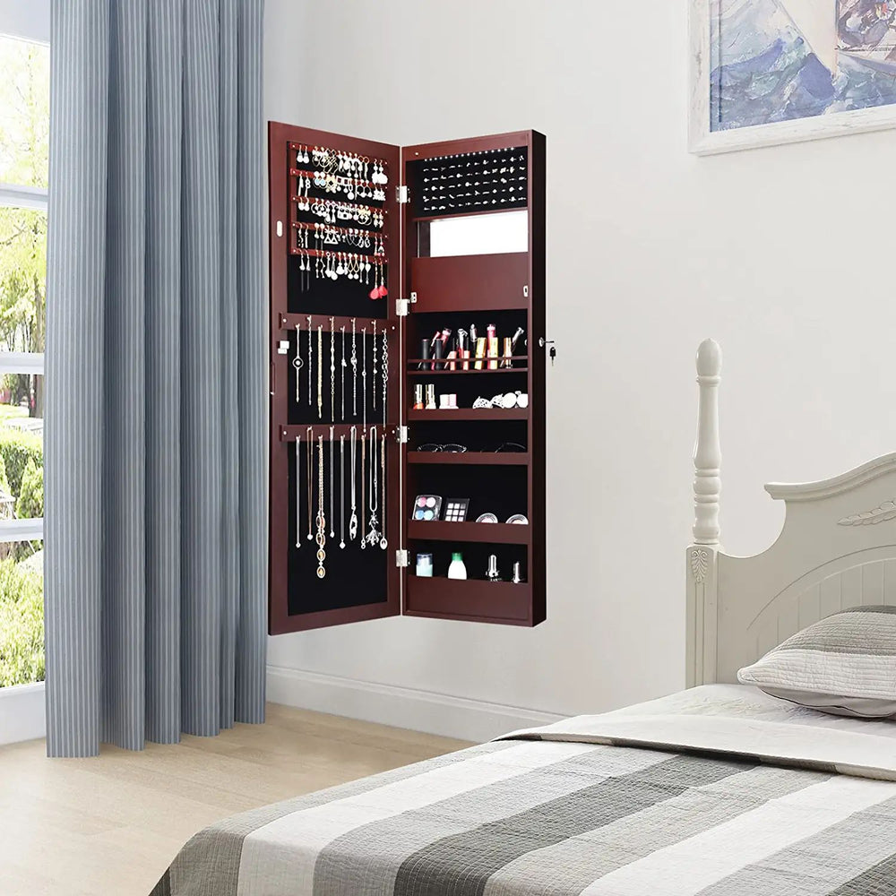 Lockable wall-mounted jewelry cabinet in brown with full-size mirror and LED lights, featuring organized storage for.