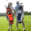 Golf stand bag in orange with 14-way dividers and 7 zippered pockets, ideal for easy carrying on the course.
