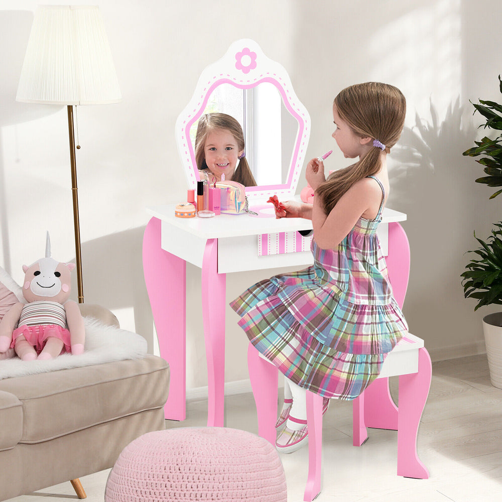 Toddler vanity set with detachable mirror, pink accents, and flower patterns, perfect for children's makeup and play.