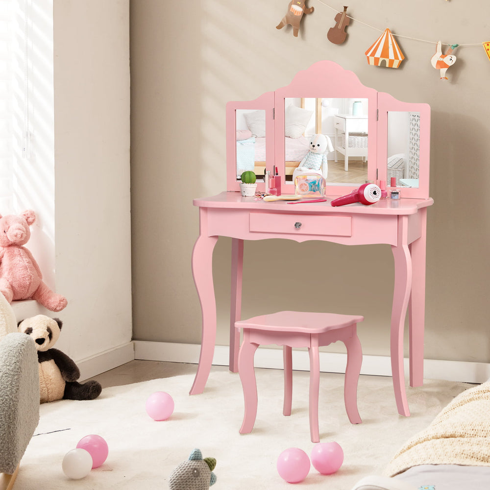 Kids pink makeup vanity table set with tri-folding mirror and stool, perfect for organizing cosmetics and playtime.