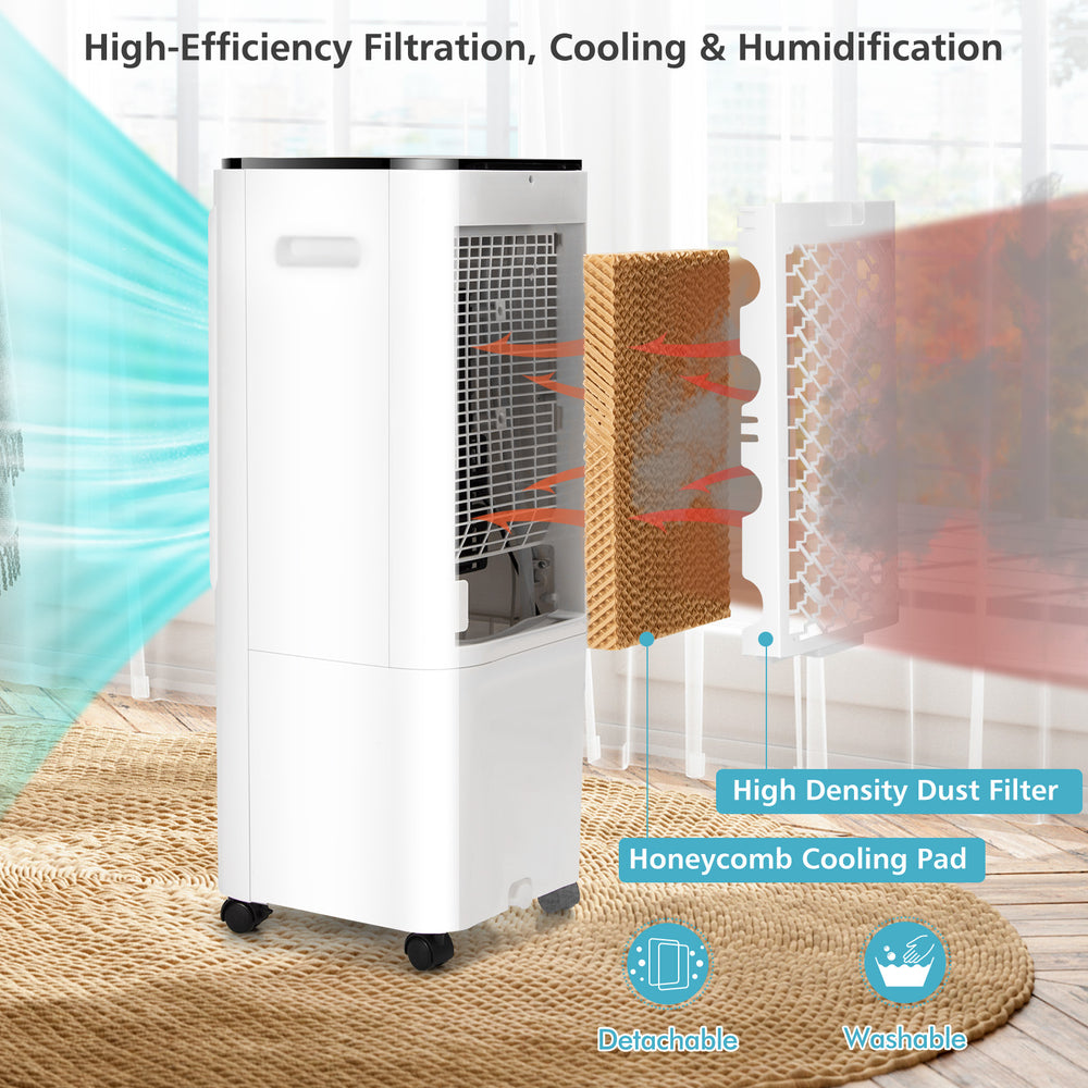 Side view of the 4-in-1 evaporative air cooler in white, showcasing the top watering design and 12L water tank for easy.