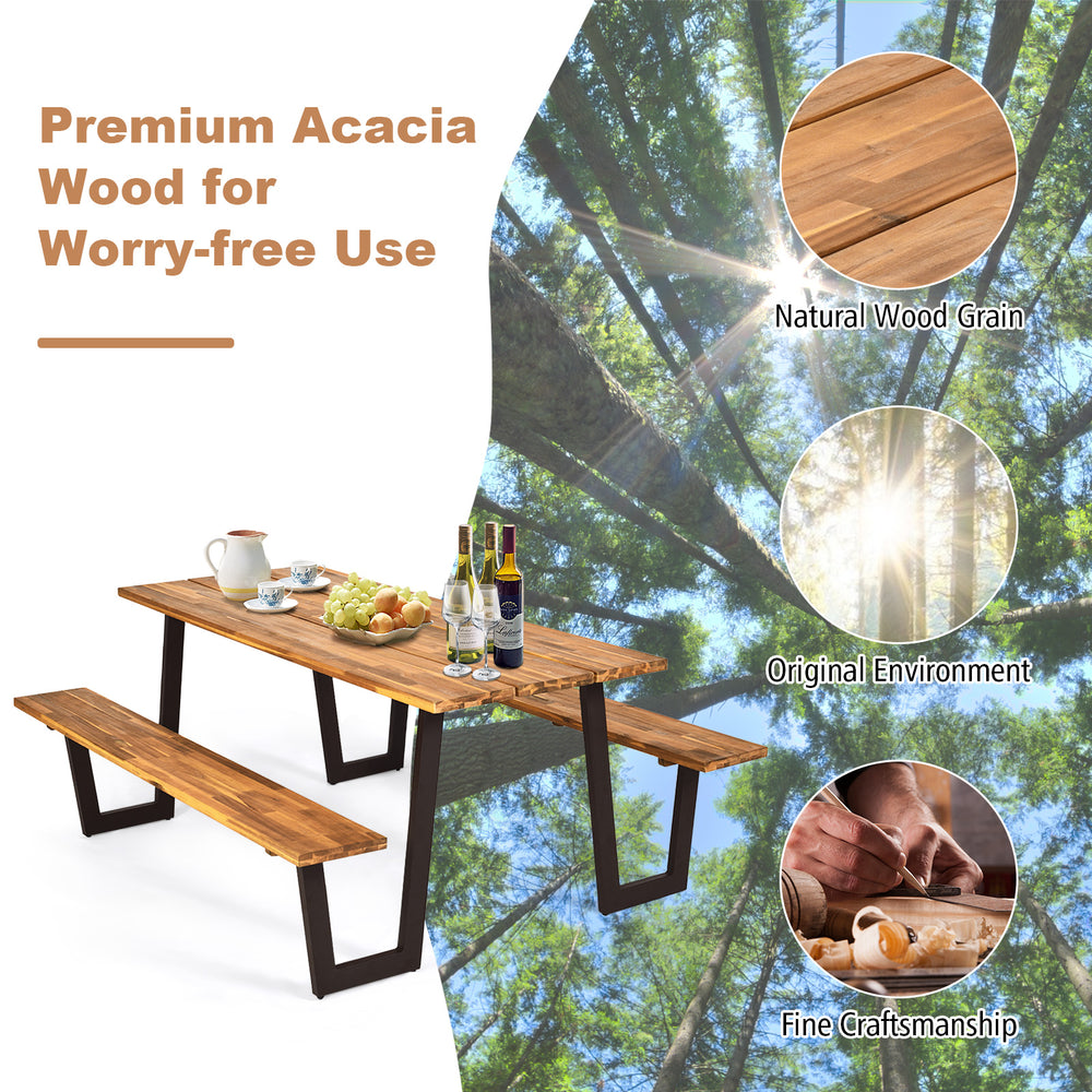 70-inch dining table set made of acacia wood with metal frame, featuring an umbrella hole, perfect for outdoor use.