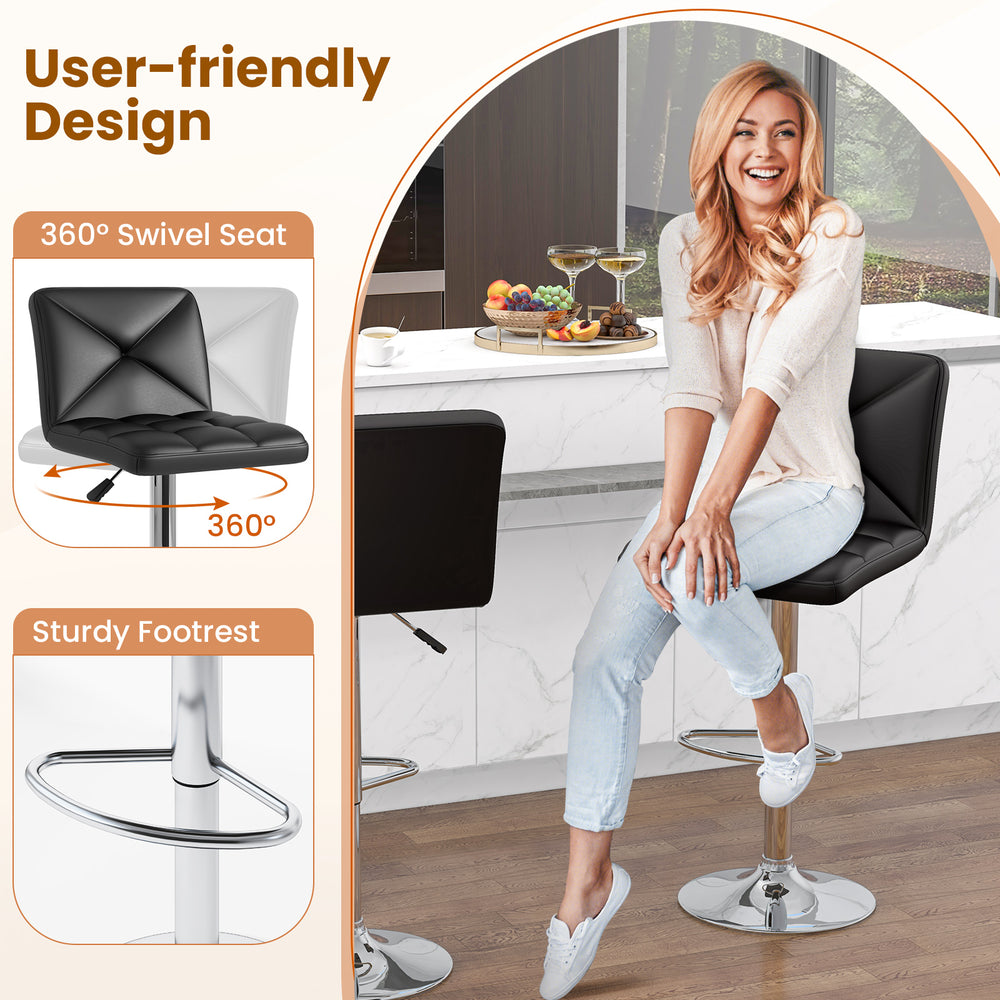 Black PU leather bar stool with 360° swivel seat, adjustable height, and sturdy footrest for comfortable seating.