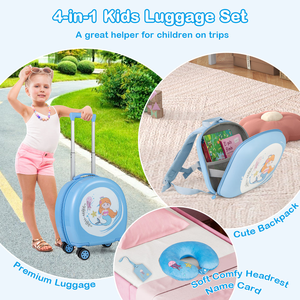 Kids luggage set featuring a 14" hardside spinner suitcase and 10" backpack in blue, perfect for travel adventures.