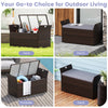 Outdoor bench with hand-woven PE rattan, gray cushion, and side handles, ideal for yard or porch storage and seating.