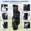 Golf stand cart bag in black with 4 way divider and multiple pockets for secure storage and ergonomic carrying.