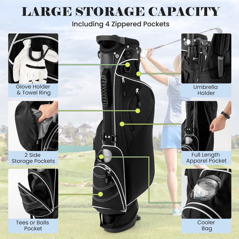 Golf stand cart bag in black with 4 way divider and multiple pockets for secure storage and ergonomic carrying.