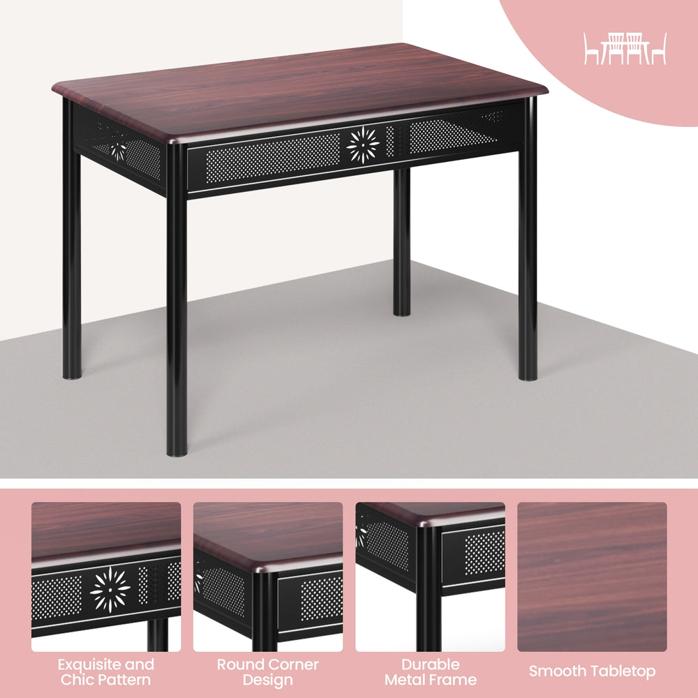 Wood and metal dining table with a smooth tabletop, featuring a chic design, ideal for family meals and gatherings.