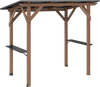 Cedar wood BBQ gazebo with a sloped metal roof and two side serving shelves for outdoor cooking and gatherings.