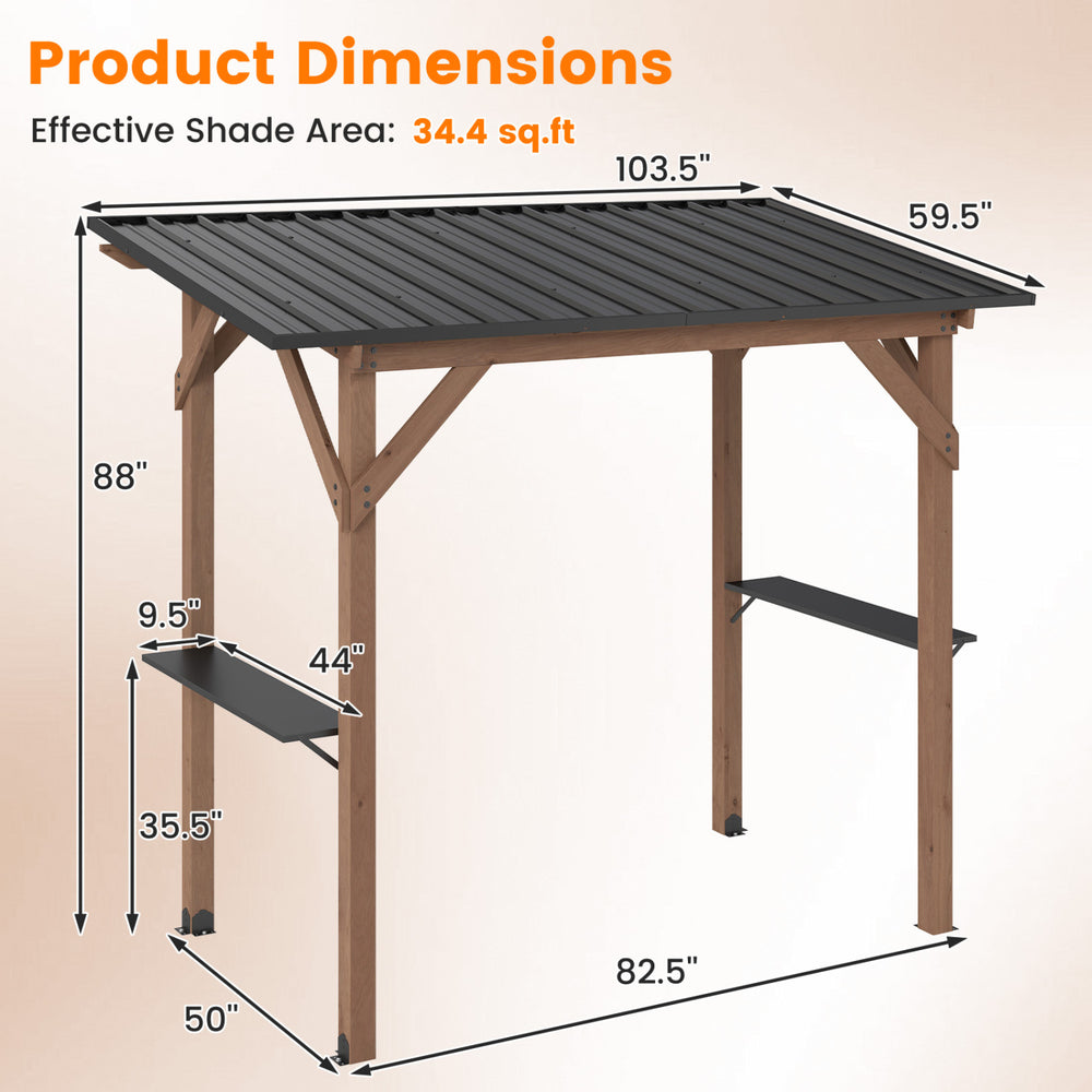 Grill gazebo with a cedar wood frame, sloped metal roof, and two side serving shelves for outdoor BBQ gatherings.