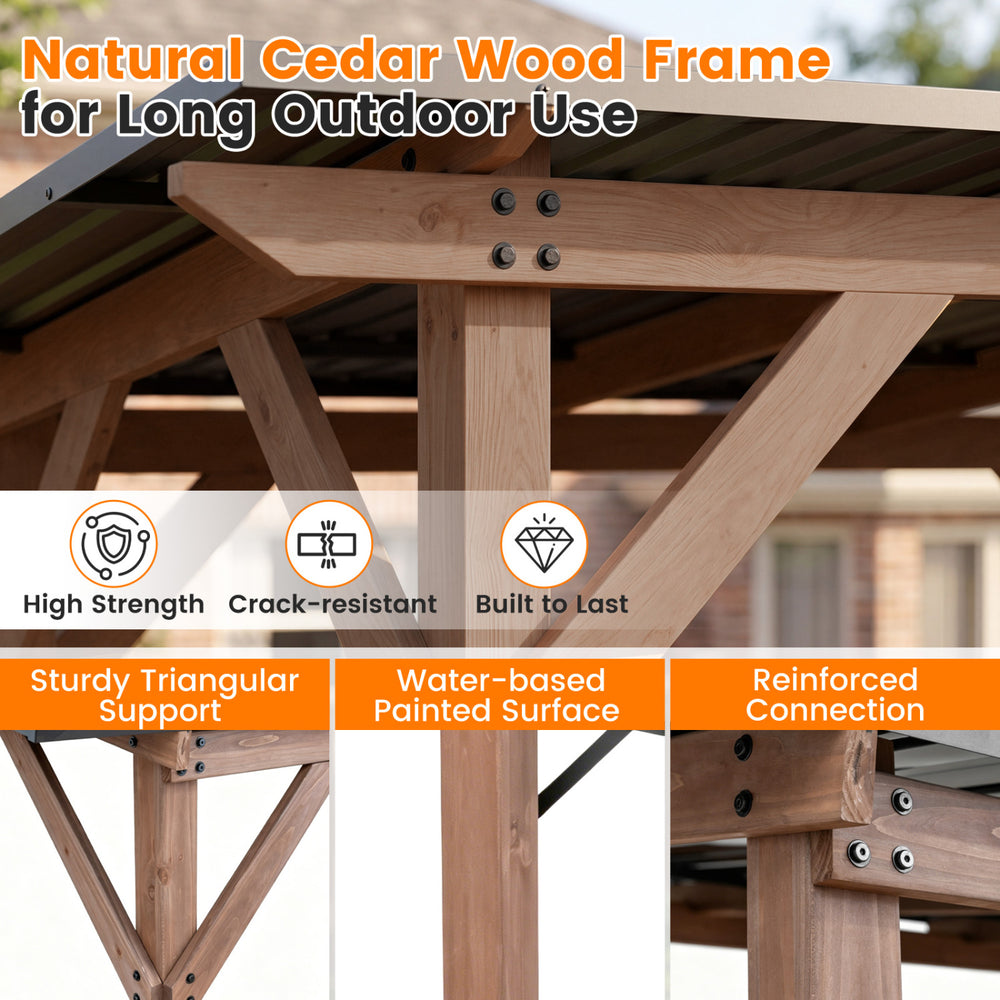 Cedar wood frame grill gazebo with a powder-coated metal roof and two side serving shelves for outdoor gatherings.