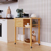 Bamboo kitchen trolley cart with drawers and open shelves, featuring a large countertop and smooth-rolling casters.